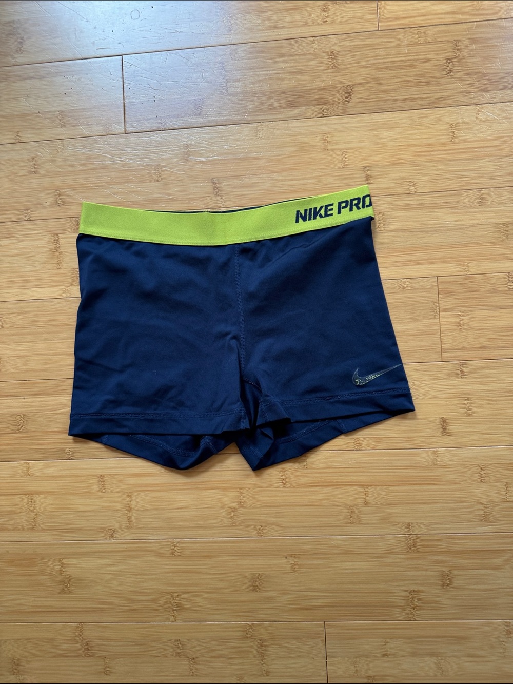 Nike Navy Athletic Compression Shorts with Lime Waistband DRI-FIT